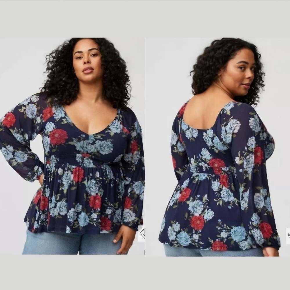 NWT: Torrid Floral Stretch Mesh V-Neck Smocked Waist Babydoll Top, Size Large